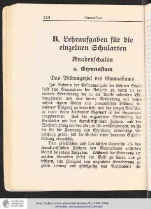 B. Lehraufgaben für die einzelnen Schularten