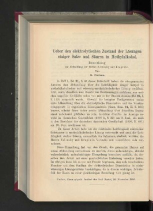 Ueber den elektrolytischen Zustand der Lösungen einiger Salze und Säuren in Methylalkohol.