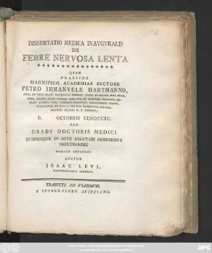 Dissertatio Medica Inavgvralis De Febre Nervosa Lenta