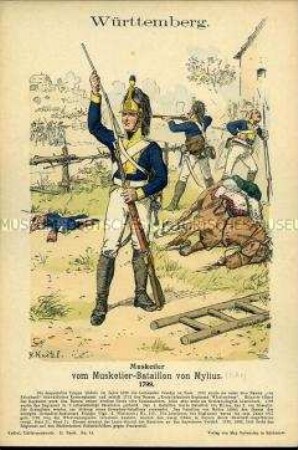 Uniformdarstellung, Gemeiner des Musketier-Bataillons, Herzogtum Württemberg, 1799.