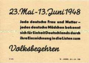 Handzettel des DFD mit dem Aufruf an alle Frauen zur Einzeichnung beim Volksbegehren für Einheit und gerechten Frieden