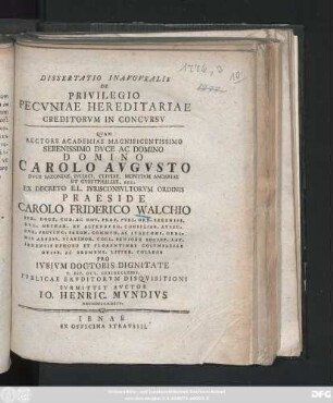 Dissertatio Inavgvralis De Privilegio Pecvniae Hereditariae Creditorvm In Concvrsv