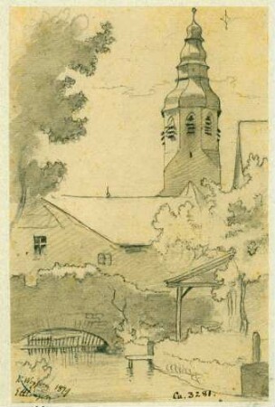 Ettlingen Partie an der Alten Friedrichsbrücke, überragt vom Turm der Martinskirche