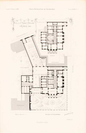 Palais Schmieder, Karlsruhe: Grundriss EG, 2.OG (aus: Atlas zur Zeitschrift für Bauwesen, hrsg. v. G. Erbkam, Jg. 38, 1888)