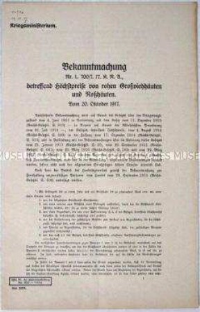 Bekanntmachung des Kriegsministeriums über Höchstpreise von rohen Großviehtierhäuten