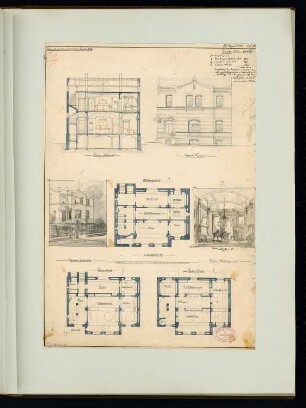 Ländliches Wohnhaus, Berlin-Lichterfelde Monatskonkurrenz April 1881: Grundriss Keller, Erdgeschoss, Obergeschoss, Aufriss Straßenansicht, Längsschnitt; Maßstabsleiste. 2 perspektivische Ansichten: Straßenansicht und Salon