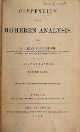 Compendium der höheren Analysis : In 2 Bänden. Mit in den Text eingedruckten Holzstichen. 1