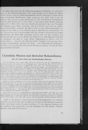 Christliche Mission und deutscher Kolonialismus : Zur 125-Jahr-Feier der Norddeutschen Mission
