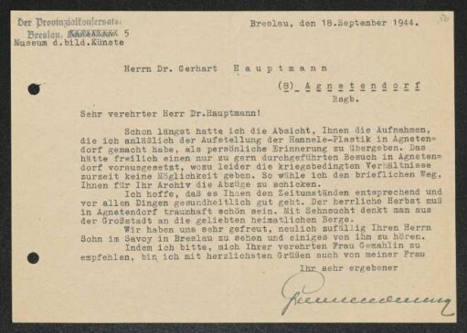 Brief von Günther Grundmann an Gerhart Hauptmann