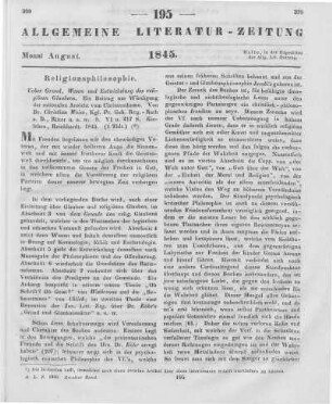 Weiß, C.: Ueber Grund, Wesen und Entwickelung des religiösen Glaubens. Ein Beitrag zur Würdigung der rationalen Ansicht vom Christenthume. Eisleben: Reichardt 1845