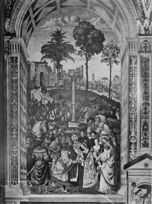 Ausmalung der Libreria Piccolomini — Leben des Enea Silvio Piccolomini, des späteren Pius II. — Enea S. Piccolomini führt Kaiser Friedrich III. u. Eleonore v. Portugal zusammen