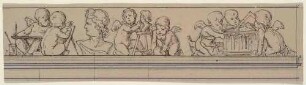 Entwurf für einen Kinderfries (am Kunstvereinsgebäude in Zwickau?): künstlerisch tätige Putten mit einer Büste (Malerei, Bildhauerei, Baukunst: die Kunst)