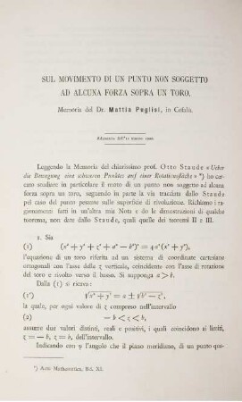 Sul movimento di un punto non soggeto ad alcuna forza sopra un toro.