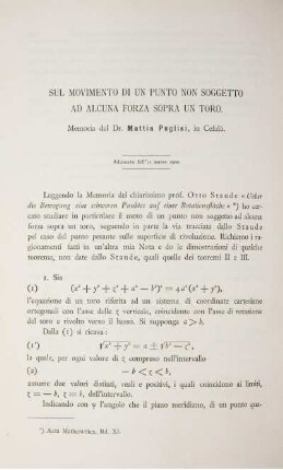 Sul movimento di un punto non soggeto ad alcuna forza sopra un toro.