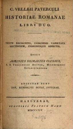 C. Velleii Paterculi Historiae Romanae libri duo