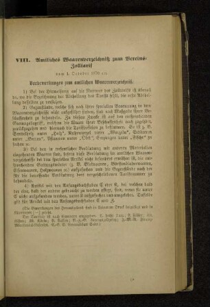 VIII. Amtliches Waarenverzeichniß zum Vereins-Zolltarif vom 1. October 1870 an.
