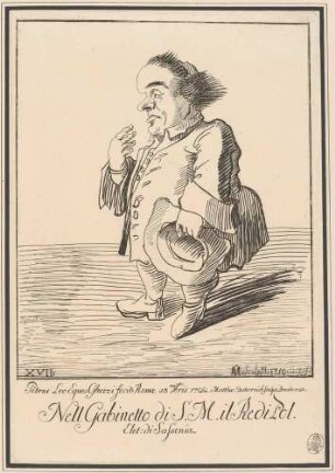 Zwergenhafter Mann mit Hut in der Hand (Der Abt Pignaroli), Bl. 17 der "Raccolta di XXIV Caricature", Dresden 1750