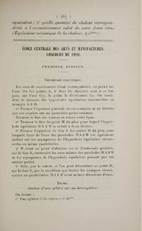 École Centrale des Arts et Manufactures. Concours de 1900. Première session.