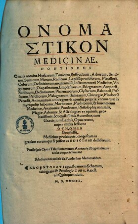 Onomastikon medicinae : continens omnia nomina Herbarum, Fruticum, Suffruticum, Arborum, Sentium, Seminum ... definitionum medicinalium, instrumentorum medicinae ...