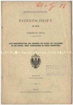 Patentschrift einer Kupplungsvorrichtung zum Anhängen der Wagen auf Seilbahnen, Patent-Nr. 919