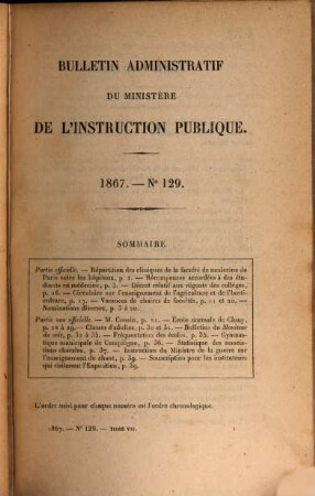 Bulletin administratif du Ministère de l'Instruction Publique, 7. 1867