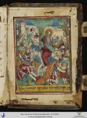 Kolorierter Kupferstich des 17. Jhs. im Spiegel eingeklebt: Einzug Christi in Jerusalem.