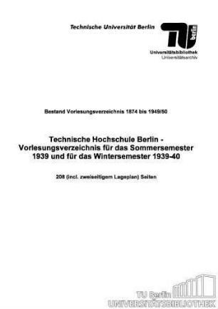 Vorlesungsverzeichnis für das Sommersemester 1939 und das Wintersemester 1939-1940