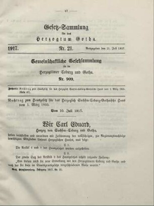 21. Nachtrag zum Hausgesetz für das Herzoglich Sachsen-Coburg-Gothaische Haus vom 1. März 1855. Vom 10. Juli 1917