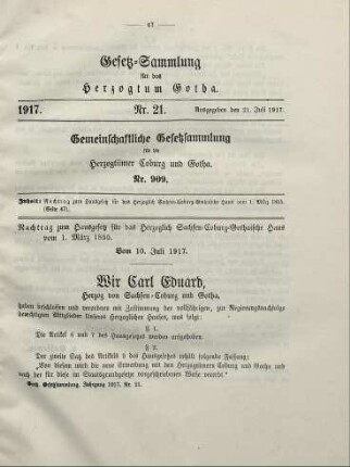 21. Nachtrag zum Hausgesetz für das Herzoglich Sachsen-Coburg-Gothaische Haus vom 1. März 1855. Vom 10. Juli 1917