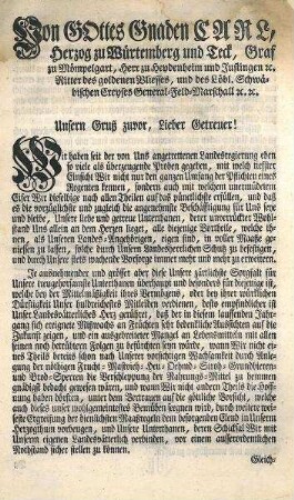 Mandat von Herzog Carl gegen die Teuerung bei Frucht (Getreide), Mehl und Brot infolge Missernte