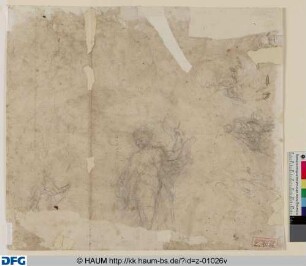 Studie eines stehenden Jünglings mit erhobenem linken Arm sowie weitere kleine Figurenstudien (stehende Frau, drei Sitzende); Federproben