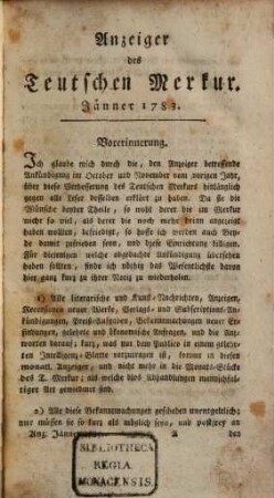 Der teutsche Merkur. Anzeiger des Teutschen Merkur, [1]. 1783