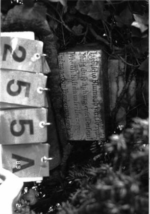 Grabstein 255 (Index: 100102007) Material: Kalkstein, weißer Marmor bei Aufsatz und Schriftplatte Zustand: leicht verwittert Maße HxBxT: 169x56x48 cm Beschreibung: Postament mit Urnenaufsatz auf Sockel, Schriftplatte in Pergamentrollenform Symbolik: Urnenaufsatz Besonderheit: Kindergrab: Grabstein 255A