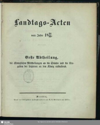 1854/55: Landtags-Acten / Die königlichen Mittheilungen