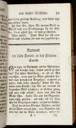 Antwort der Lady Hariote an das Fräulein Clarisse.