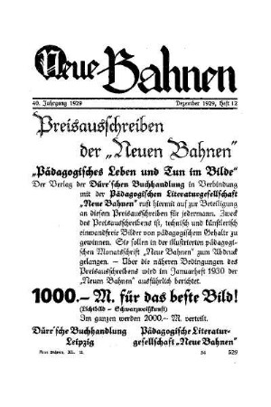 Preisausschreiben der "Neuen Bahnen"