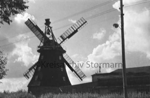 Braak: Braaker Mühle: vorn Hecke, rechts Strommast: hinten links Galerieholländer: rechts weiteres Mühlengebäude