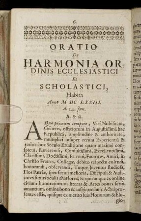 Oratio De Harmonia Ordinis Ecclesiastici Et Scholastici