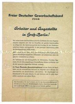 Aufruf des FDGB zum Neuaufbau der Gewerkschaften mit einer Auflistung der einzelnen Verbände