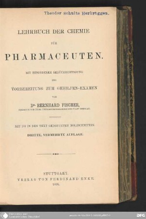 Lehrbuch der Chemie für Pharmaceuten : mit besonderer Berücksichtigung der Vorbereitung zum Gehilfen-Examen ; mit 103 Holzschnitten