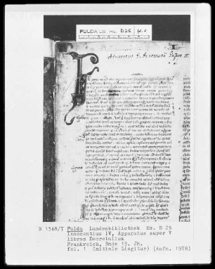 Innocentius 4., Apparatus super 5 libros Decretalium — Initiale L(egitur), Folio 1recto