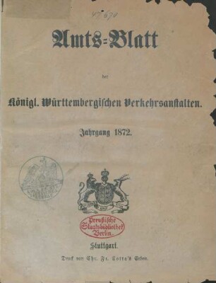 1872: Amtsblatt der Württembergischen Verkehrsanstalten
