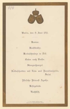 Menükarte : Taufe der Prinzessin Maria Theresia