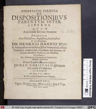 Dissertatio Iuridica De Dispositionibus Parentum Inter Liberos