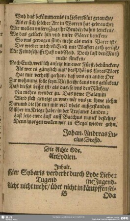 Die Achte Ode. An Lydien