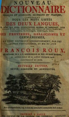 Nouveau dictionnaire françois et allemand, allemand et françois, 1