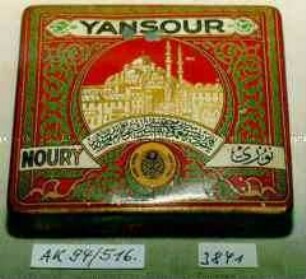 Blechdose für Zigaretten "YANSOUR NOURY" (Abbildung einer Moschee und arabische Schrift)
