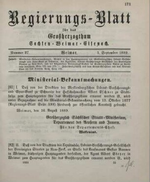 81. Ministerial-Bekanntmachung, den Wechsel in der Hauptagentur der Mecklenburgischen Lebens-Versicherungs- und Spar-Bank zu Schwerin betreffend