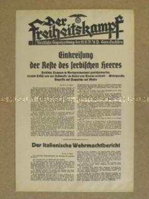Nachrichtenblatt der Tageszeitung der NSDAP Sachsen "Der Freiheitskampf" über das Vordringen der deutschen und italenischen Truppen in Sarajevo