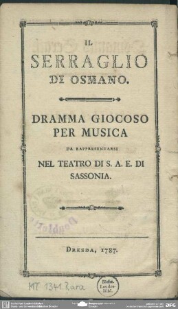 Osmanns Serail : Ein musikalisches Lustspiel für das Churfürstlich-Sächsische Theater
